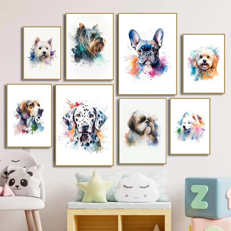 Watercolor Dog Art – French Bulldog, Dalmatian, Black Terrier Canvas Print Paws and Claws