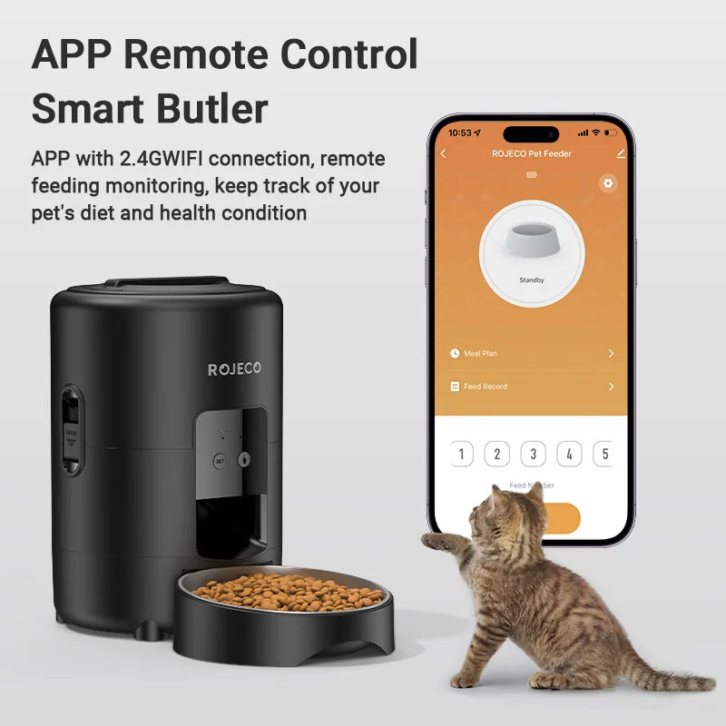 ROJECO Smart Automatic Pet Feeder 2L – Wi-Fi App Control, Programmable Meals, Anti-Jam Kibble Dispenser for Cats & Dogs