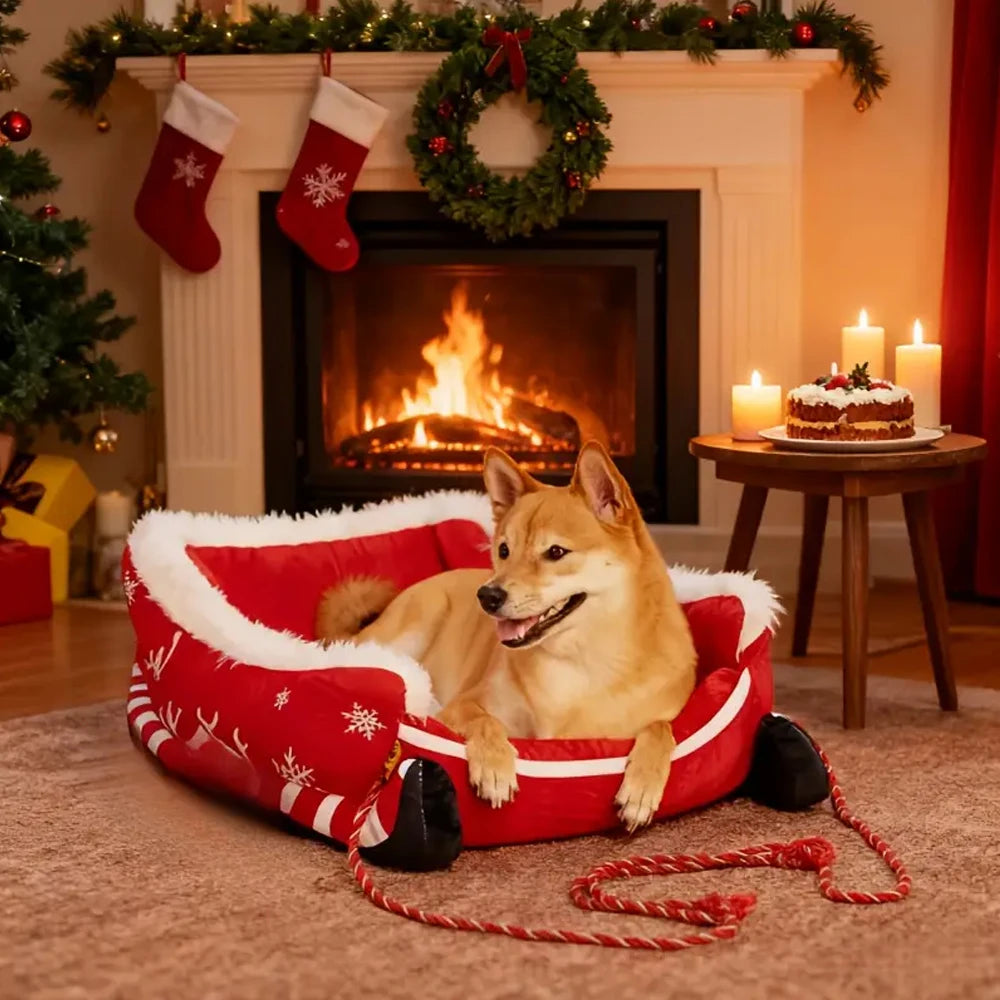 Dog in a red festive bed in front of a fireplace with Christmas decorations