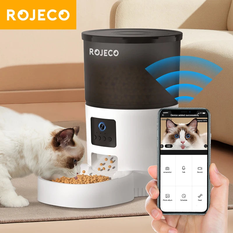 ROJECO Smart Automatic Pet Feeder with HD Camera – App Control, Video Monitoring, Voice Recorder & Programmable Cat/Dog Food Dispenser