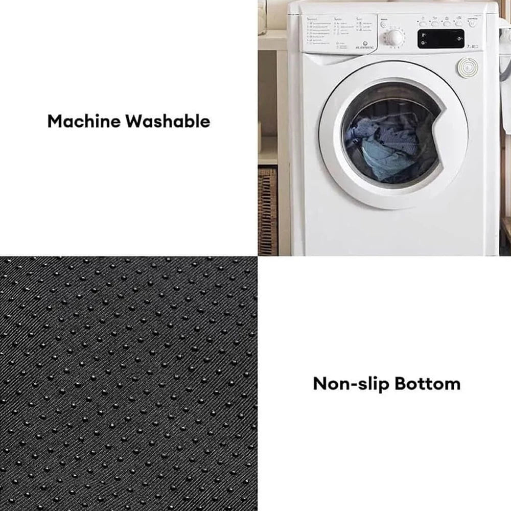Washing machine with laundry inside, black textured mat with 'Machine Washable' and 'Non-slip Bottom' text.