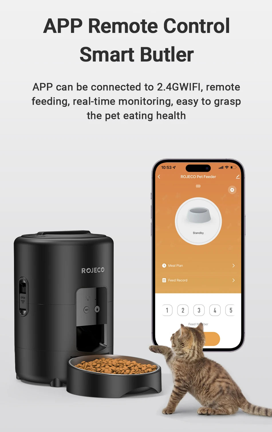 ROJECO Smart Automatic Pet Feeder 2L – Wi-Fi App Control, Programmable Meals, Anti-Jam Kibble Dispenser for Cats & Dogs