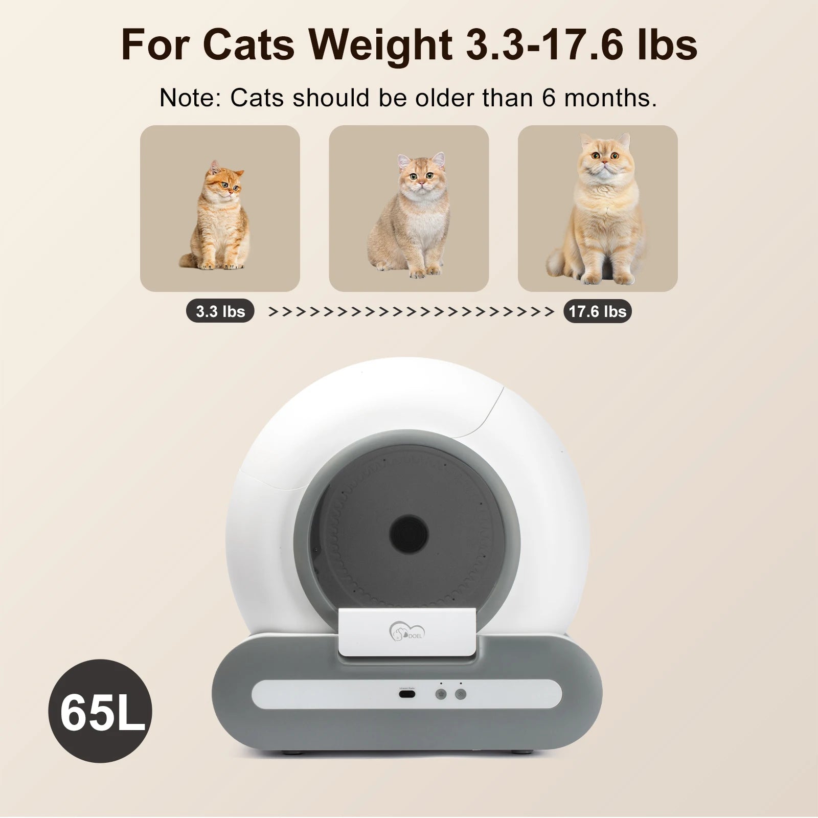 DOEL Smart 65L Automatic Self-Cleaning Cat Litter Box with App Control – 2.4GHz Wi-Fi, Advanced Safety Sensors, Compatible with Tofu & Mixed Clumping Litter
