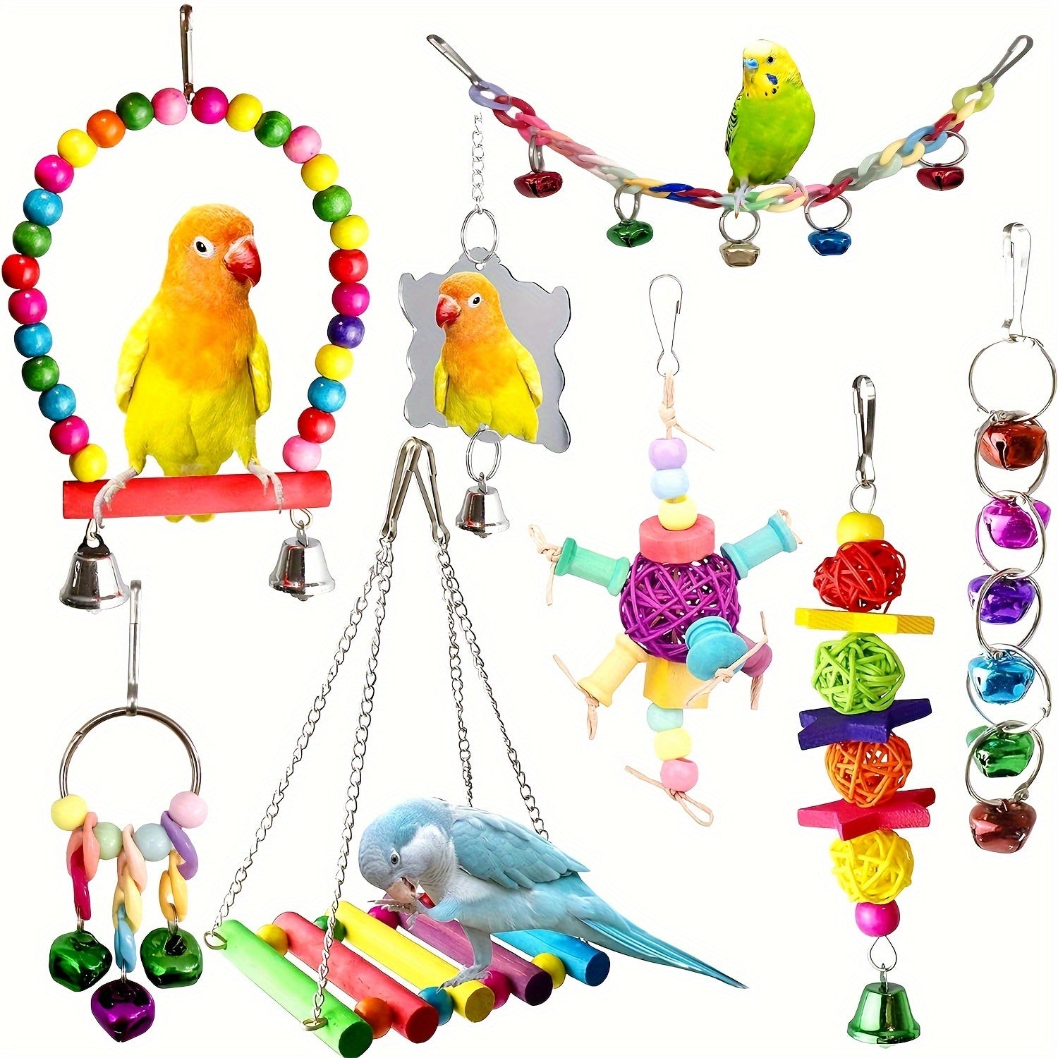 Colorful Wooden Bird Swing Toy with Mirror & Hanging Bridge – Parrot Playset